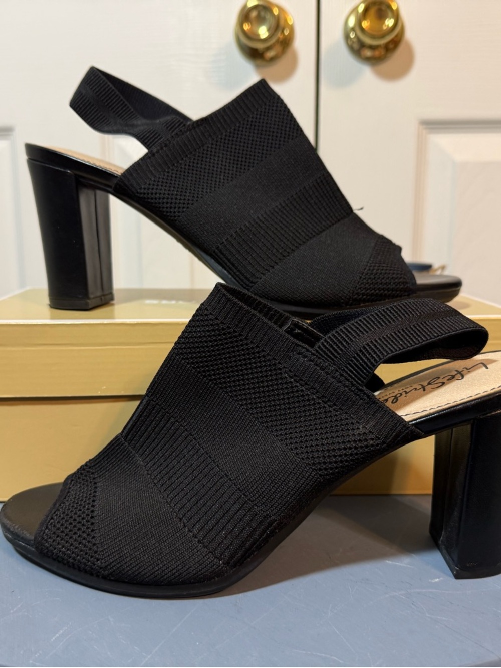 Life Stride Black Knit Slingback Block Heel Sandals 9.5